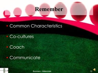 Remember Common Characteristics Co-cultures Coach Communicate 