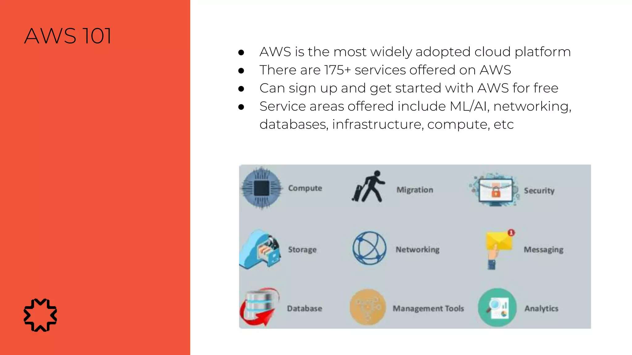 ● AWS is the most widely adopted cloud platform
● There are 175+ services offered on AWS
● Can sign up and get started with AWS for free
● Service areas offered include ML/AI, networking,
databases, infrastructure, compute, etc
AWS 101
 