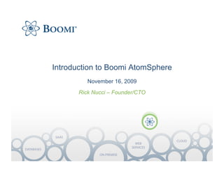 Introduction to Boomi AtomSphere
                      November 16, 2009
                   Rick Nucci – Founder/CTO




            SAAS
                                                  CLOUD
                                         WEB
                                       SERVICES
DATABASES
                          ON-PREMISE
 