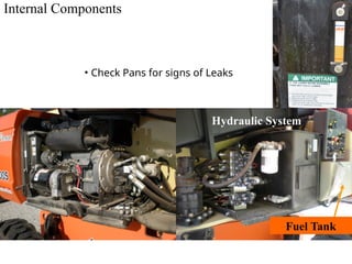 Internal Components
• Check Pans for signs of Leaks
Hydraulic System
Fuel Tank
 