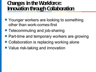 Changes in the W orkforce:
    Innovation through Collaboration
s   Younger workers are looking to something
    other than work-comes-first
s   Telecommuting and job-sharing
s   Part-time and temporary workers are growing
s   Collaboration is replacing working alone
s   Value risk-taking and innovation
 