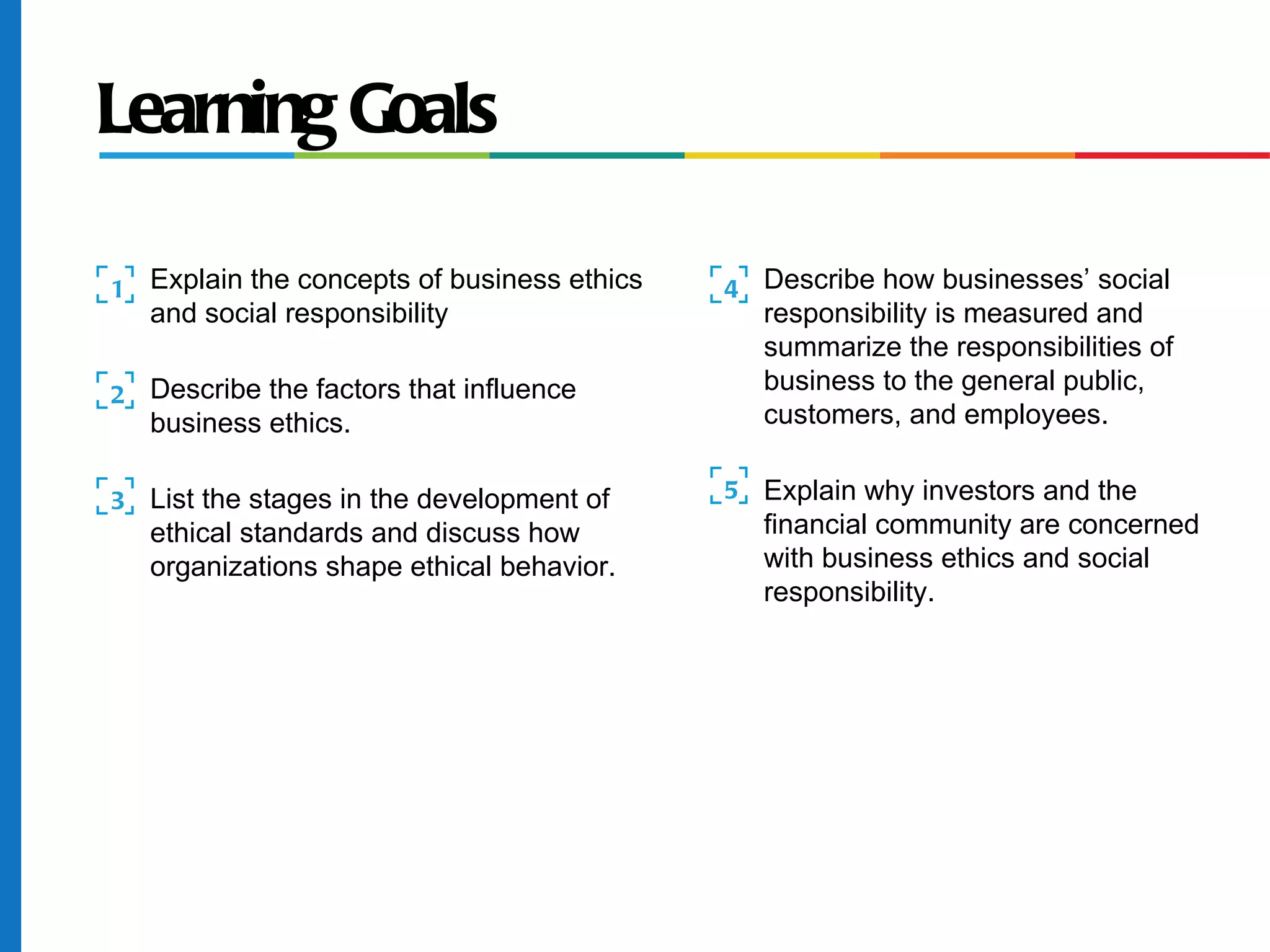 Learning Goals
1 Explain the concepts of business ethics 4 Describe how businesses’ social
and social responsibility responsibility is measured and
summarize the responsibilities of
2 Describe the factors that influence business to the general public,
business ethics. customers, and employees.
3 List the stages in the development of 5 Explain why investors and the
ethical standards and discuss how financial community are concerned
organizations shape ethical behavior. with business ethics and social
responsibility.