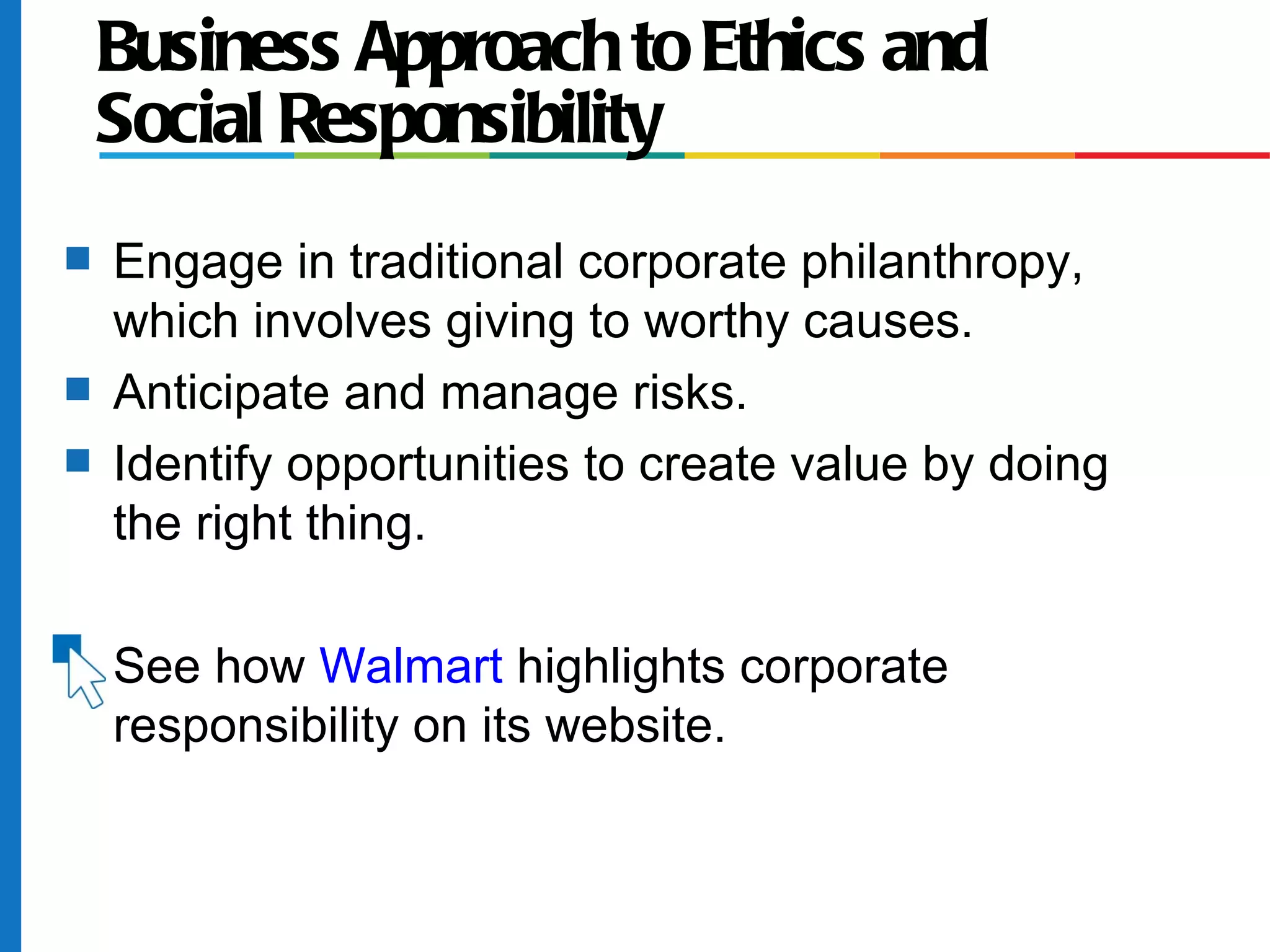 Business Approach to Ethics and
Social Responsibility
s Engage in traditional corporate philanthropy,
which involves giving to worthy causes.
s Anticipate and manage risks.
s Identify opportunities to create value by doing
the right thing.
s See how Walmart highlights corporate
responsibility on its website.
