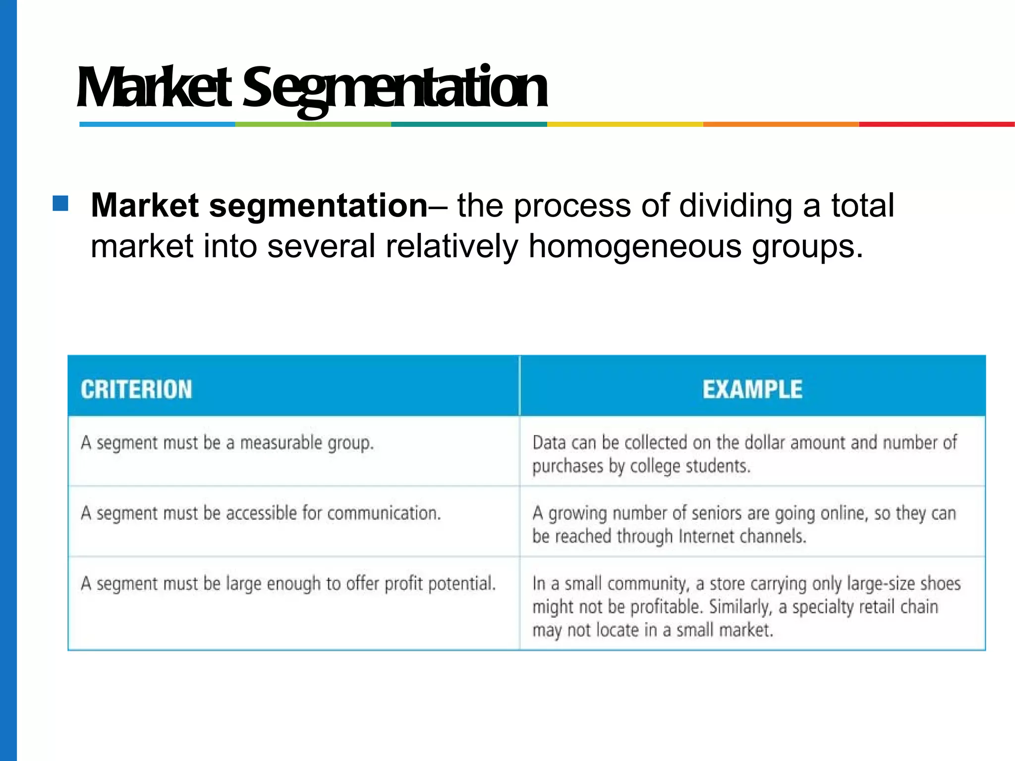 Market Segmentation
s   Market segmentation– the process of dividing a total
    market into several relatively homogeneous groups.
 