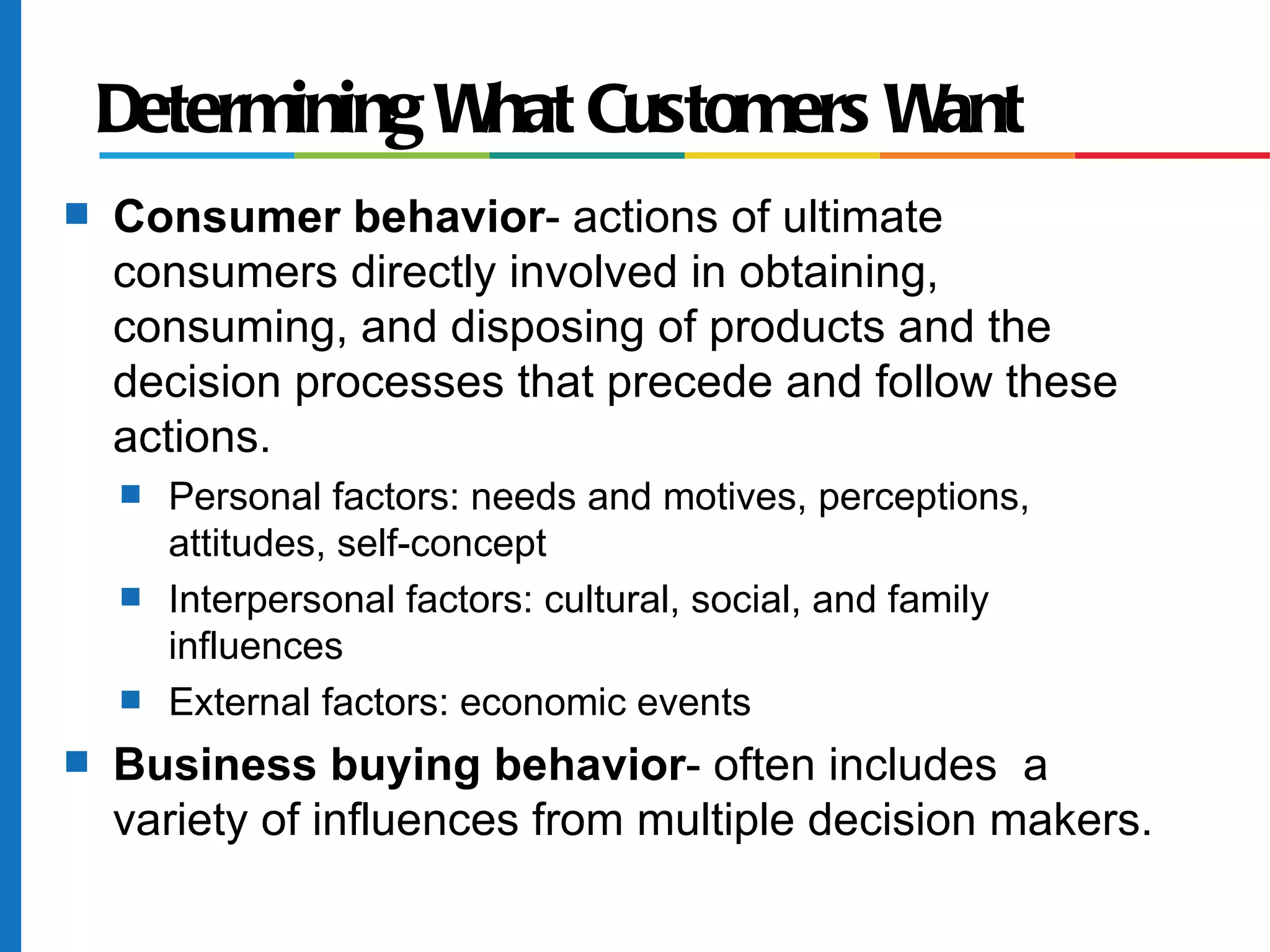 Determining W Customers W
                 hat         ant
s   Consumer behavior- actions of ultimate
    consumers directly involved in obtaining,
    consuming, and disposing of products and the
    decision processes that precede and follow these
    actions.
    s   Personal factors: needs and motives, perceptions,
        attitudes, self-concept
    s   Interpersonal factors: cultural, social, and family
        influences
    s   External factors: economic events
s   Business buying behavior- often includes a
    variety of influences from multiple decision makers.
 