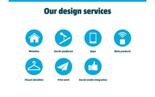 Our design services
Websites Apps
Visual identities
Meta productsSocial platforms
Social media integrationPrint work
 