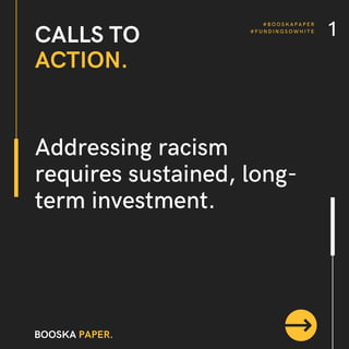 Addressing racism
requires sustained, long-
term investment.
# B O O S K A P A P E R
# F U N D I N G S O W H I T E
CALLS TO
ACTION.
BOOSKA PAPER.
1
 