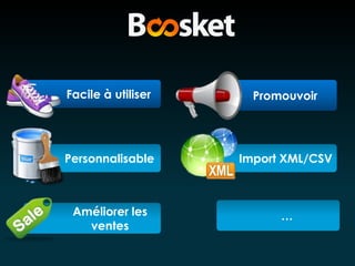 Facile à utiliser Promouvoir
Personnalisable Import XML/CSV
Améliorer les …
ventes