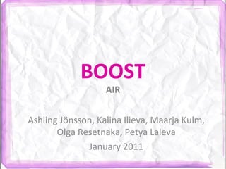 BOOST AIR Ashling Jönsson, Kalina Ilieva, Maarja Kulm, Olga Resetnaka, Petya Laleva January 2011 