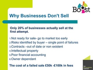 Why Businesses Don't Sell
1.Not ready for sale- go to market too early
2.Risks identified by buyer – single point of failu...