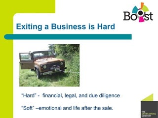 Exiting a Business is Hard
“Hard” - financial, legal, and due diligence
“Soft” –emotional and life after the sale.
 