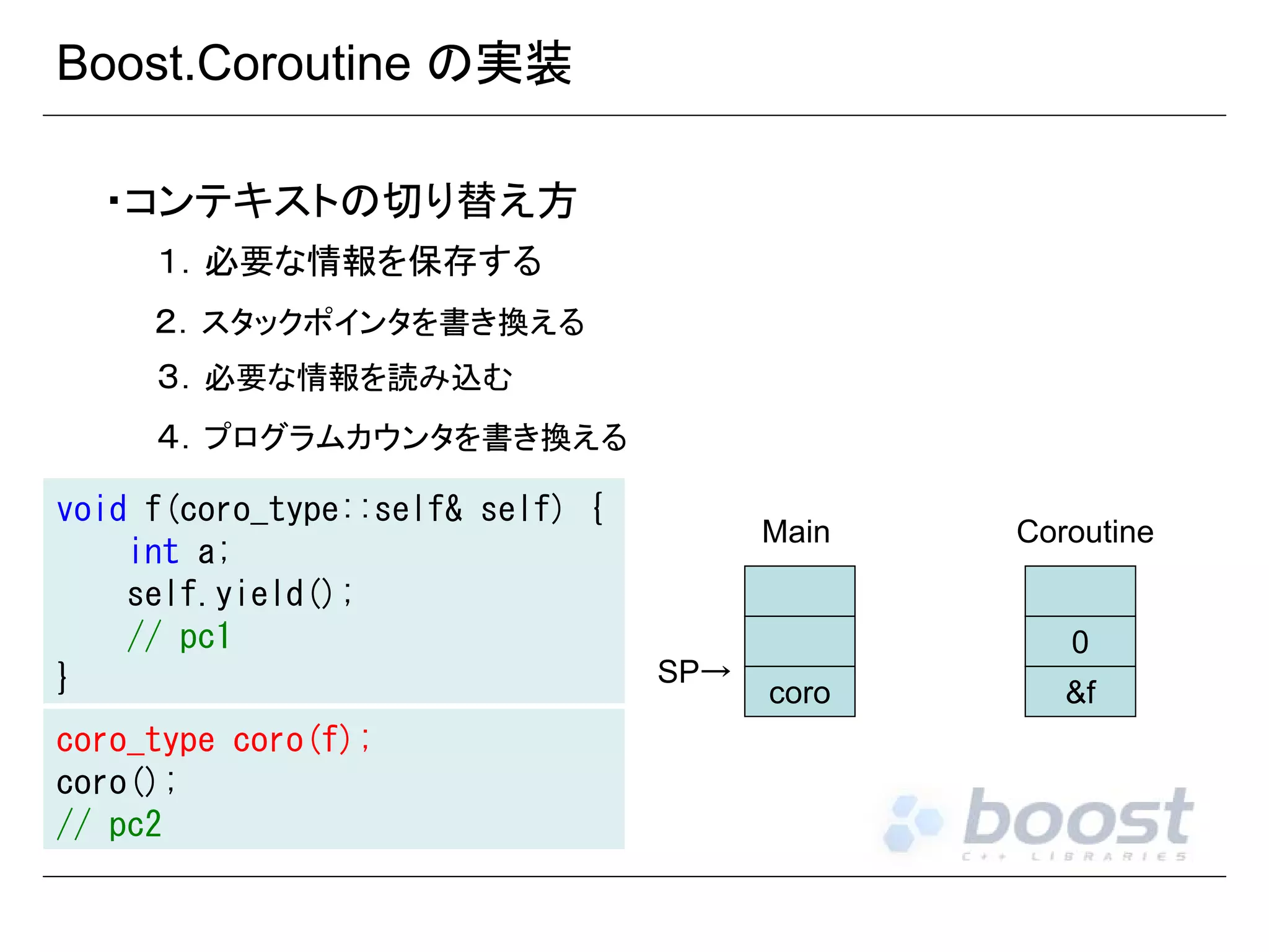 Boost.Coroutine の実装
・コンテキストの切り替え方
１．必要な情報を保存する
２．スタックポインタを書き換える
３．必要な情報を読み込む
４．プログラムカウンタを書き換える
void f(coro_type::self& self) {
int a;
self.yield();
// pc1
}
coro_type coro(f);
coro();
// pc2

Main

Coroutine

0
SP→

coro

&f

 