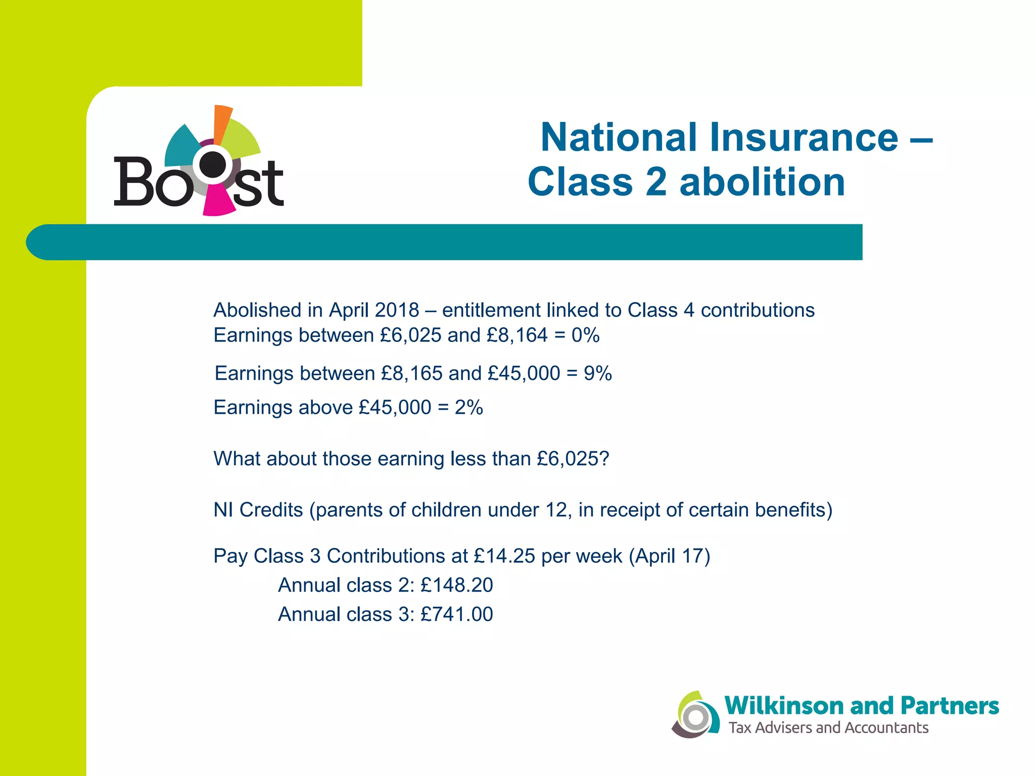 National Insurance –
Class 2 abolition
Abolished in April 2018 – entitlement linked to Class 4 contributions
Earnings between £6,025 and £8,164 = 0%
Earnings between £8,165 and £45,000 = 9%
Earnings above £45,000 = 2%
What about those earning less than £6,025?
NI Credits (parents of children under 12, in receipt of certain benefits)
Pay Class 3 Contributions at £14.25 per week (April 17)
Annual class 2: £148.20
Annual class 3: £741.00
 