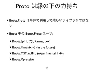 Proto

• Boost.Proto

• Boost Boost.Proto               :

  • Boost.Spirit (Qi, Karma, Lex)
  • Boost.Phoenix v3 (in the future)
  • Boost.MSM.eUML (experimental, 1.44)
  • Boost.Xpressive
                          13
 