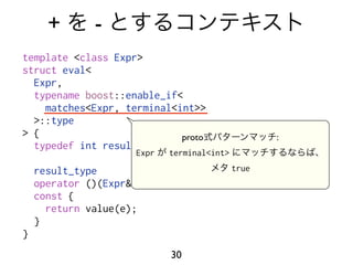 +       -
template <class Expr>
struct eval<
  Expr,
  typename boost::enable_if<
    matches<Expr, terminal<int>>
  >::type
> {                         proto                  :
  typedef int result_type;
                     Expr   terminal<int>

    result_type                             true
    operator ()(Expr& e, my_context const&)
    const {
      return value(e);
    }
}
                            30
 