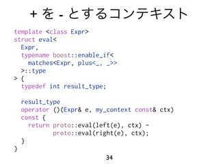 +       -
template <class Expr>
struct eval<
  Expr,
  typename boost::enable_if<
    matches<Expr, plus<_, _>>
  >::type
> {
  typedef int result_type;

    result_type
    operator ()(Expr& e, my_context const& ctx)
    const {
      return proto::eval(left(e), ctx) -
             proto::eval(right(e), ctx);
    }
}
                           34
 