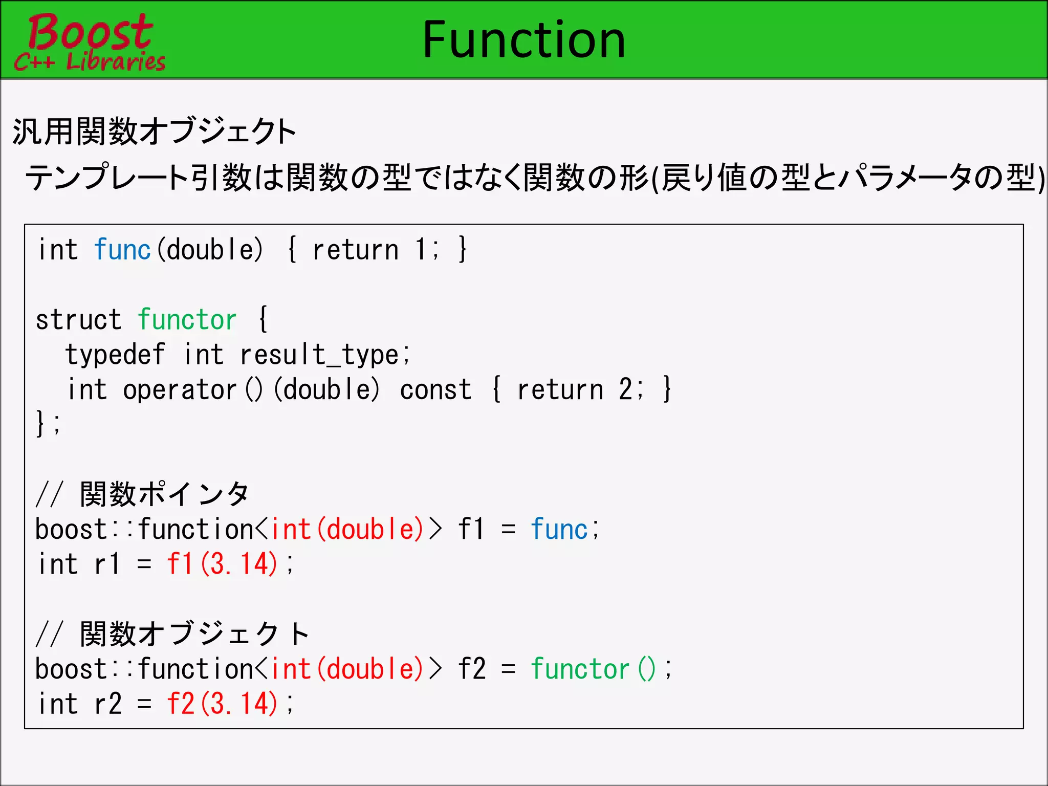 Function
汎用関数オブジェクト
テンプレート引数は関数の型ではなく関数の形(戻り値の型とパラメータの型)
int func(double) { return 1; }
struct functor {
typedef int result_type;
int operator()(double) const { return 2; }
};
// 関数ポインタ
boost::function<int(double)> f1 = func;
int r1 = f1(3.14);
// 関数オブジェクト
boost::function<int(double)> f2 = functor();
int r2 = f2(3.14);
 