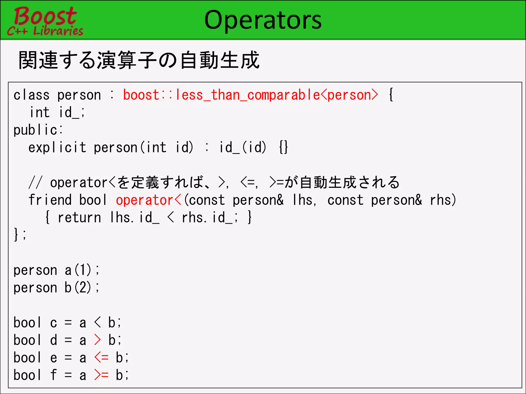 Operators
関連する演算子の自動生成
class person : boost::less_than_comparable<person> {
int id_;
public:
explicit person(int id) : id_(id) {}
// operator<を定義すれば、>, <=, >=が自動生成される
friend bool operator<(const person& lhs, const person& rhs)
{ return lhs.id_ < rhs.id_; }
};
person a(1);
person b(2);
bool c = a < b;
bool d = a > b;
bool e = a <= b;
bool f = a >= b;
 