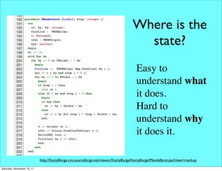 Where is the
                                                                                        state?
                                                                                         Easy to
                                                                                         understand what
                                                                                         it does.
                                                                                         Hard to
                                                                                         understand why
                                                                                         it does it.

                            http://fractalforge.cvs.sourceforge.net/viewvc/fractalforge/fractalforge/Mandelbrot.pas?view=markup

Saturday, November 19, 11
 