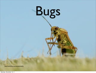 Bugs


      http://www.ﬂickr.com/photos/staﬂo/



Saturday, November 19, 11
 
