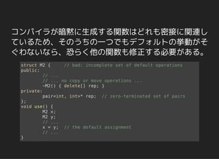 コンパイラが暗黙に生成する関数はどれも密接に関連し
ているため、そのうちの一つでもデフォルトの挙動がそ
ぐわないなら、恐らく他の関数も修正する必要がある。
struct M2 { // bad: incomplete set of default operations
public:
// ...
// ... no copy or move operations ...
~M2() { delete[] rep; }
private:
pair<int, int>* rep; // zero-terminated set of pairs
};
void use() {
M2 x;
M2 y;
// ...
x = y; // the default assignment
// ...
}
 