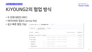 KiYOUNG2의 협업 방식
• 두 번째 대회인 MRC!
• 데이터셋만 업로드 (arrow file)
• 쉽고 빠른 협업 가능!
70
#How we collaborate
 