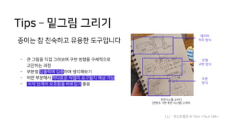 Tips ­ 밑그림 그리기
추천시스템 스터디
[컨텐츠 기반 추천 시스템] 스케치
데이터
처리 방식
모델
구현 방식
추론
방식
종이는 참 친숙하고 유용한 도구입니다
- 큰 그림을 직접 그려보며 구현 방향을 구체적으로
고민하는 과정
- 부분별 입출력에 집중하여 생각해보기
- 어떤 부분에서 까다로운 작업이 요구될지 예상 가능
- 시작 단계의 모호함을 바로잡기 좋음
12/ 부스트캠프 AI Tech <Tech Talk>
 