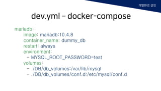 개발환경 설정
mariadb:
image: mariadb:10.4.8
container_name: dummy_db
restart: always
environment:
- MYSQL_ROOT_PASSWORD=test
volumes:
- ./DB/db_volumes:/var/lib/mysql
- ./DB/db_volumes/conf.d:/etc/mysql/conf.d
dev.yml – docker-compose
 