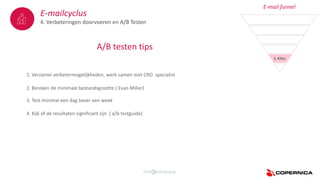 E-mailcyclus
4. Verbeteringen doorvoeren en A/B Testen
A/B testen tips
E-mail funnel
5. Kliks
2. Bereken de minimale bestandsgrootte ( Evan Miller)
1. Verzamel verbetermogelijkheden, werk samen met CRO specialist
3. Test minimal een dag liever een week
4. Kijk of de resultaten significant zijn ( a/b testguide)
 