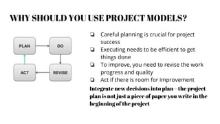 WHY SHOULD YOU USE PROJECT MODELS?
❏ Careful planning is crucial for project
success
❏ Executing needs to be efficient to get
things done
❏ To improve, you need to revise the work
progress and quality
❏ Act if there is room for improvement
Integrate new decisions into plan – the project
plan is not just a piece of paper you write in the
beginning of the project
 