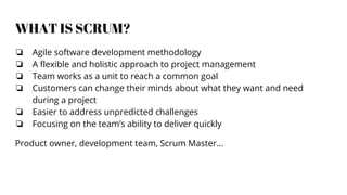 WHAT IS SCRUM?
❏ Agile software development methodology
❏ A flexible and holistic approach to project management
❏ Team works as a unit to reach a common goal
❏ Customers can change their minds about what they want and need
during a project
❏ Easier to address unpredicted challenges
❏ Focusing on the team’s ability to deliver quickly
Product owner, development team, Scrum Master...
 
