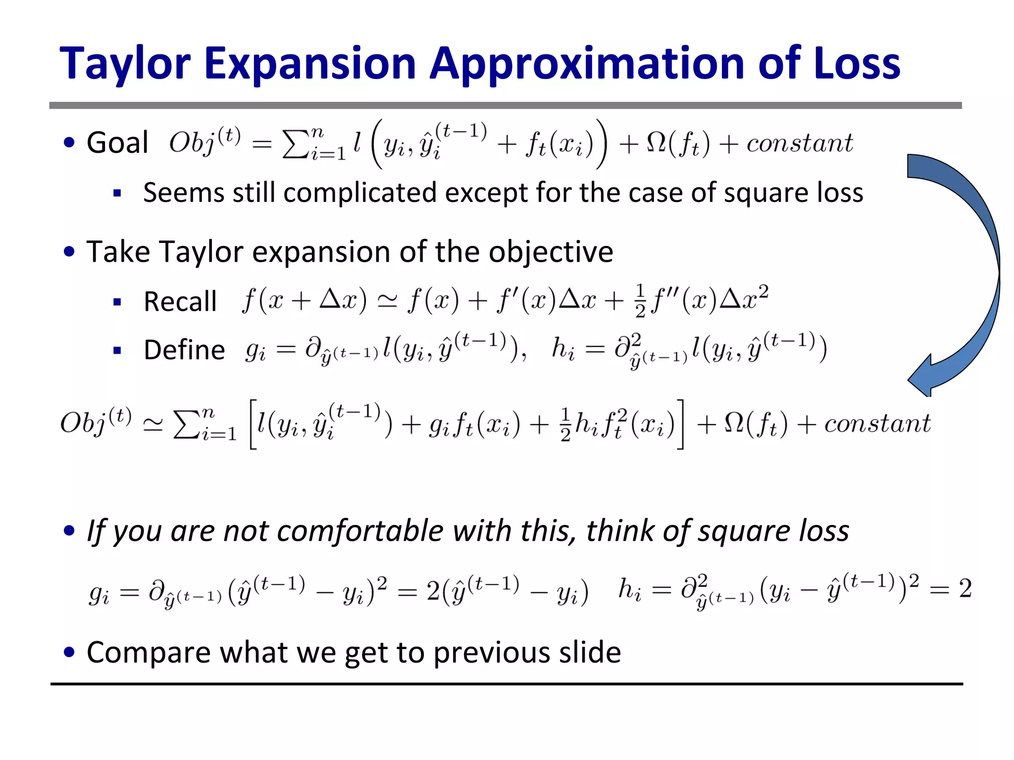 Taylor Expansion Approximation of Loss
• Goal
 Seems still complicated except for the case of square loss
• Take Taylor expansion of the objective
 Recall
 Define
• If you are not comfortable with this, think of square loss
• Compare what we get to previous slide
 