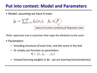 Put into context: Model and Parameters
• Model: assuming we have K trees
Think: regression tree is a function that maps the attributes to the score
• Parameters
 Including structure of each tree, and the score in the leaf
 Or simply use function as parameters
 Instead learning weights in , we are learning functions(trees)
Space of functions containing all Regression trees
 