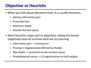 Objective vs Heuristic
• When you talk about (decision) trees, it is usually heuristics
 Split by information gain
 Prune the tree
 Maximum depth
 Smooth the leaf values
• Most heuristics maps well to objectives, taking the formal
(objective) view let us know what we are learning
 Information gain -> training loss
 Pruning -> regularization defined by #nodes
 Max depth -> constraint on the function space
 Smoothing leaf values -> L2 regularization on leaf weights
 