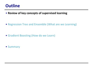 Outline
• Review of key concepts of supervised learning
• Regression Tree and Ensemble (What are we Learning)
• Gradient Boosting (How do we Learn)
• Summary
 