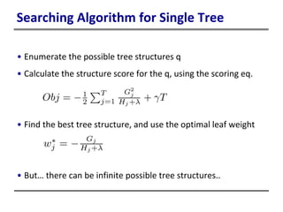 Searching Algorithm for Single Tree
• Enumerate the possible tree structures q
• Calculate the structure score for the q, using the scoring eq.
• Find the best tree structure, and use the optimal leaf weight
• But… there can be infinite possible tree structures..
 