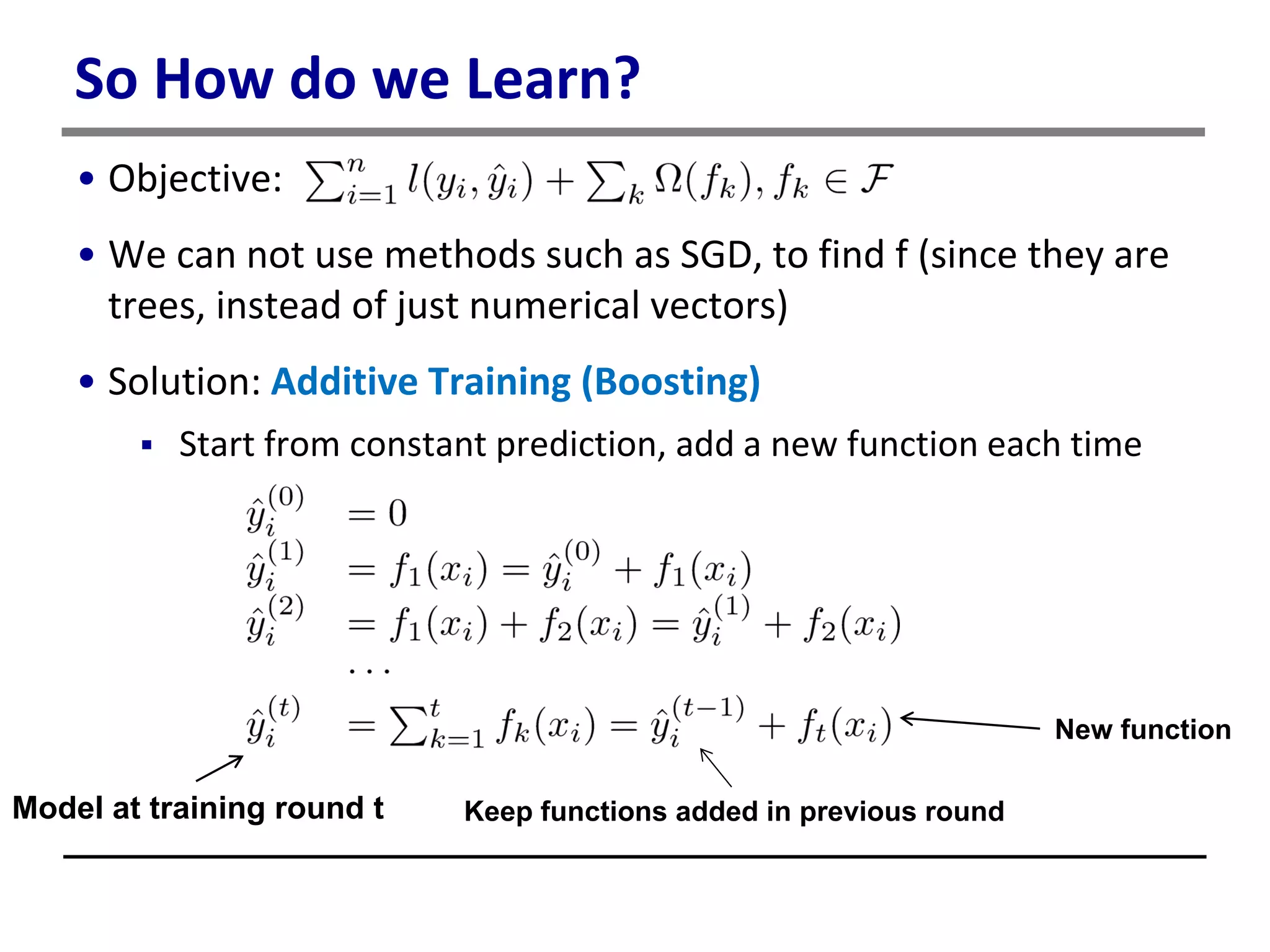 So How do we Learn?
• Objective:
• We can not use methods such as SGD, to find f (since they are
trees, instead of just numerical vectors)
• Solution: Additive Training (Boosting)
 Start from constant prediction, add a new function each time
Model at training round t
New function
Keep functions added in previous round
 