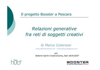 Il progetto Booster a Pescara



     Relazioni generative
  fra reti di soggetti creativi

             di Marco Colarossi
        marco@thehubweb.net – thehublog.blogspot.com

                              per
        Bollenti Spiriti CreativeCamp, Bari 28/9/2007