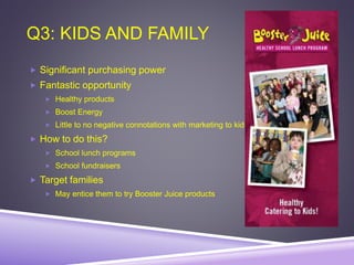 Q3: KIDS AND FAMILY
 Significant purchasing power
 Fantastic opportunity
 Healthy products
 Boost Energy
 Little to no negative connotations with marketing to kids
 How to do this?
 School lunch programs
 School fundraisers
 Target families
 May entice them to try Booster Juice products
 