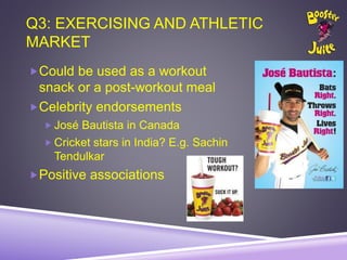 Q3: EXERCISING AND ATHLETIC
MARKET
Could be used as a workout
snack or a post-workout meal
Celebrity endorsements
 José Bautista in Canada
 Cricket stars in India? E.g. Sachin
Tendulkar
Positive associations
 