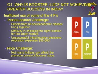 Q1: WHY IS BOOSTER JUICE NOT ACHIEVING
GREATER SUCCESS IN INDIA?
Inefficient use of some of the 4 P’s
 Place/Location Challenge:
 People from all socioeconomic classes
living together.
 Difficulty in choosing the right location
for the target market.
 Unsuccessful initial location decisions-
relocation expenses $35,000.
Price Challenge:
 Not many Indians can afford the
premium prices of Booster Juice.
 