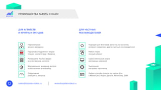 www.boostervideo.rusales@boostervideo.ru12
ПРЕИМУЩЕСТВА РАБОТЫ С НАМИ
Подходит для блогеров, артистов, музыкантов,
интернет-сервисов и других частных рекламодателей
Персональный
аккаунт-менеджер
ДЛЯ АГЕНТСТВ
И КРУПНЫХ БРЕНДОВ
ДЛЯ ЧАСТНЫХ
РЕКЛАМОДАТЕЛЕЙ
Работа через
личный кабинет
Подготовка подробного медиа-
плана в соответствии с брифом
Самостоятельный запуск
рекламных кампаний
Размещайте YouTube видео
в качественном контенте
Тщательная
настройка таргетинга
Максимальное внимание зрителя
и обеспечение brand safety
Любые способы оплаты: по картам Visa
и MasterCard, Яндекс.Деньги, Webmoney, QIWI
Оперативная
реакция на запросы
 