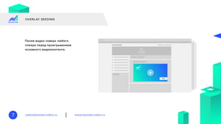 www.boostervideo.rusales@boostervideo.ru7
OVERLAY SEEDING
Посев видео поверх любого
плеера перед проигрыванием
основного видеоконтента.
 