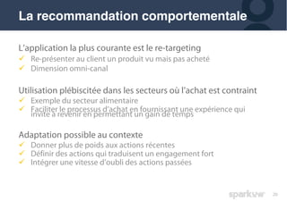 20
L’application la plus courante est le re-targeting
! Re-présenter au client un produit vu mais pas acheté
! Dimension omni-canal
Utilisation plébiscitée dans les secteurs où l’achat est contraint
! Exemple du secteur alimentaire
! Faciliter le processus d’achat en fournissant une expérience qui
invite à revenir en permettant un gain de temps
Adaptation possible au contexte
! Donner plus de poids aux actions récentes
! Définir des actions qui traduisent un engagement fort
! Intégrer une vitesse d’oubli des actions passées
La recommandation comportementale
 