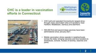 CHC is a leader in vaccination
efforts in Connecticut
• CHC built and operated Connecticut’s largest drive-
through mass v...