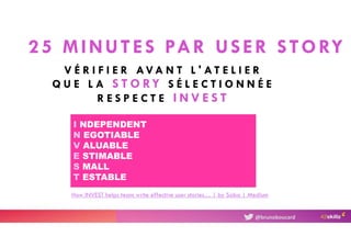 25 MINUTES PAR USER STORY
V É R I F I E R AV A N T L ' A T E L I E R
Q U E L A S T O RY S É L E C T I O N N É E
R E S P E C T E I N V E S T
How INVEST helps team write effective user stories… | by Saba | Medium
@brunoboucard
I NDEPENDENT
N EGOTIABLE
V ALUABLE
E STIMABLE
S MALL
T ESTABLE
 