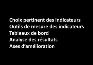 Choix pertinent des indicateurs
Outils de mesure des indicateurs
Tableaux de bord
Analyse des résultats
Axes d’amélioration

 