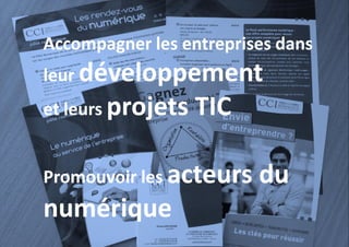 Accompagner les entreprises dans
leur développement
et leurs projets

TIC

Promouvoir les acteurs

numérique

du

 