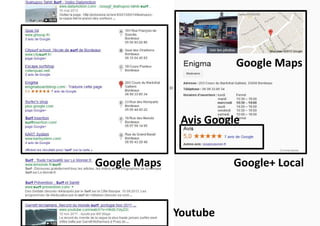 Google Maps

Avis Google

Google Maps

Google+ Local

Youtube

 
