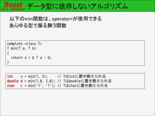 データ型に依存しないアルゴリズム
 以下のmin関数は、operator<が使用できる
 あらゆる型で振る舞う関数


template <class T>
T min(T a, T b)
{
  return a < b ? a : b;
}


int    x = min(1, 2);     // Tはintに置き換えられる
double d = min(1.0, 2.0); // Tはdoubleに置き換えられる
char   c = min('1', '1'); // Tはcharに置き換えられる
 